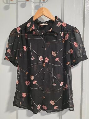 Pins & Needles Sheer Black & Pink Floral Print Button Up Whimisgoth Blouse Sz S